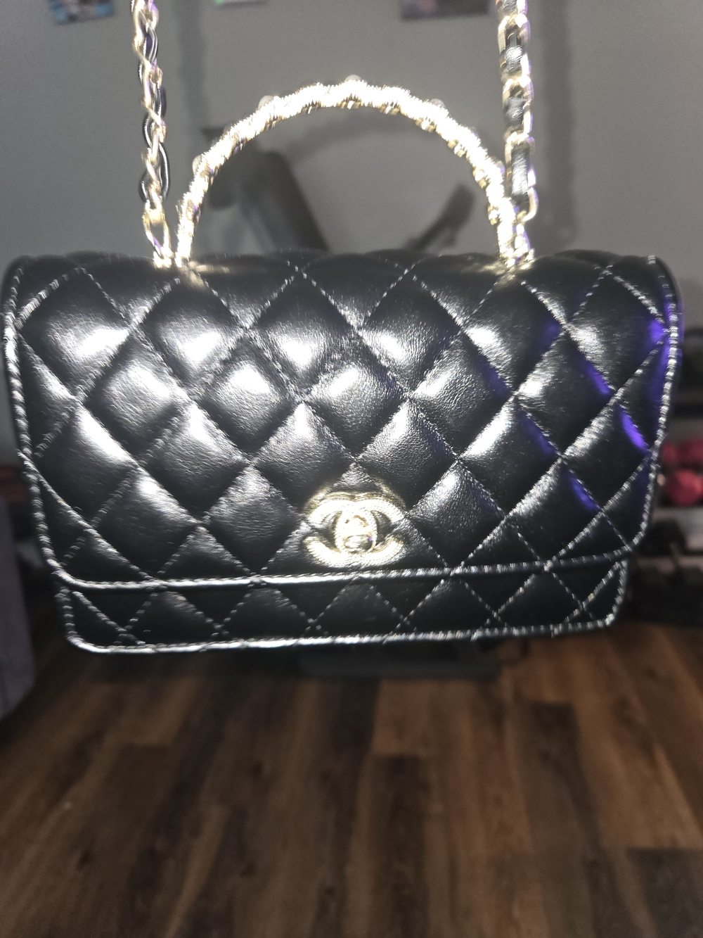 Black Quilted Leather Shoulder Bag with Gold Hardware
